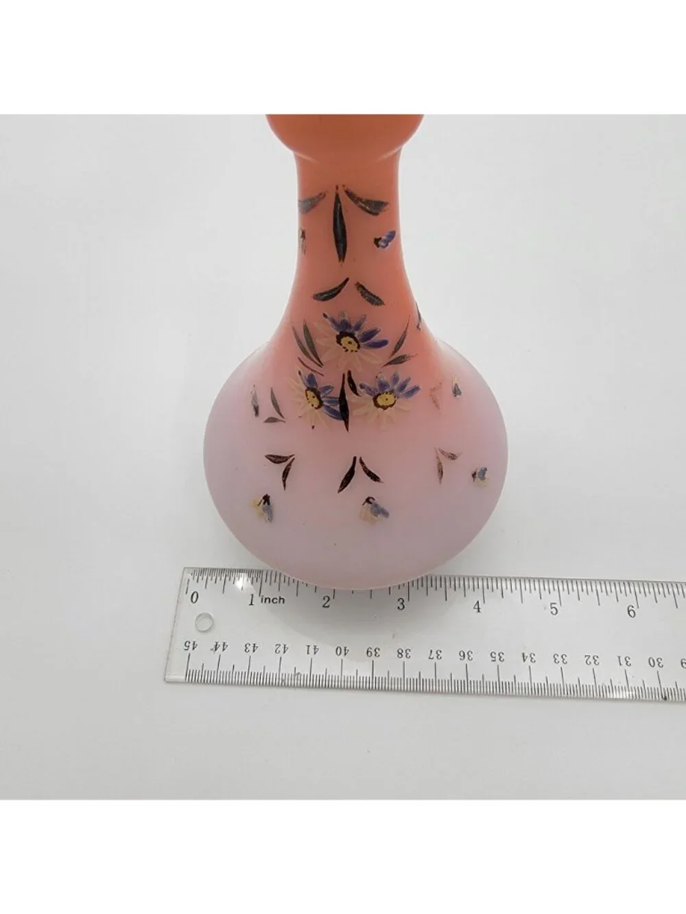 Antique Victorian Handpainted Peach Blow Satin Glass Vase With Floral Motif